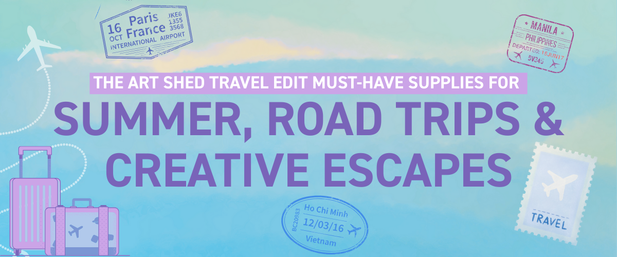 Portable travel art supplies laid out for sketching and painting on the go, including watercolour sets, sketchbooks and compact art tools.