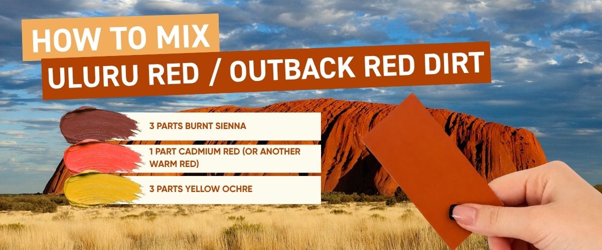 How to mix Uluru Red outback paint colour swatch held up against Uluru rock formation