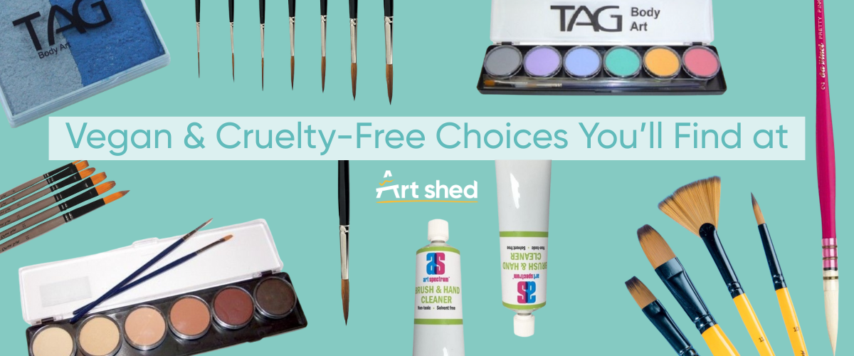 Vegan and cruelty-free art supplies at Art Shed including TAG body art face paints, Art Spectrum vegan synthetic brushes, Mont Marte brushes and Posca paint pens.
