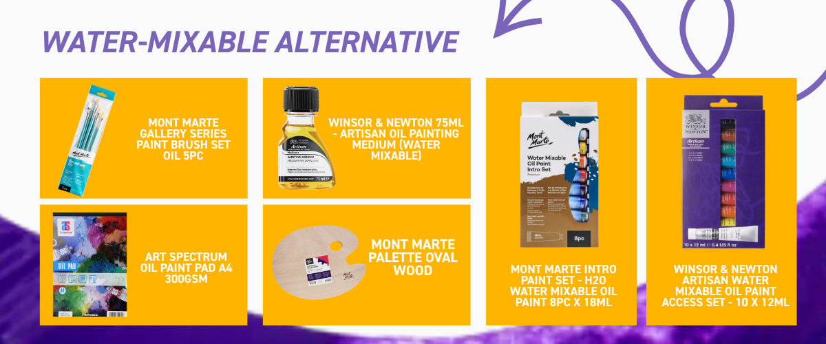 Water-mixable oil painting kit with paints, brushes, palette and medium for easy clean-up and solvent-free painting