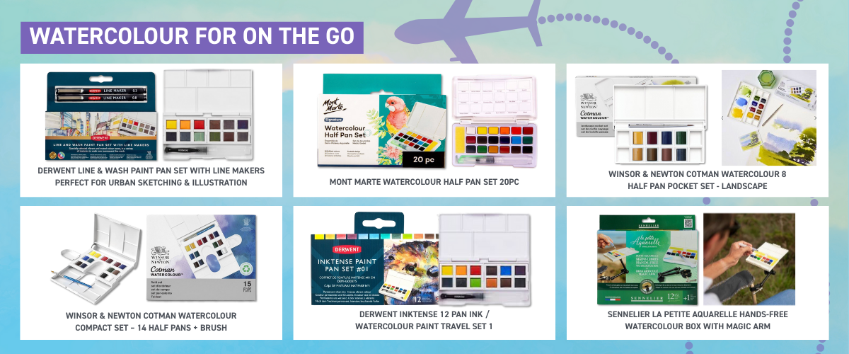 Travel watercolour kits and compact paint sets designed for portable painting, urban sketching and plein air art.
