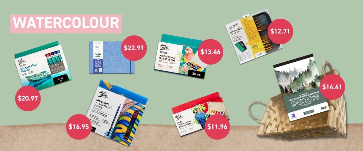 Watercolour budget gifts under $25 including pan sets, brushes and travel pads