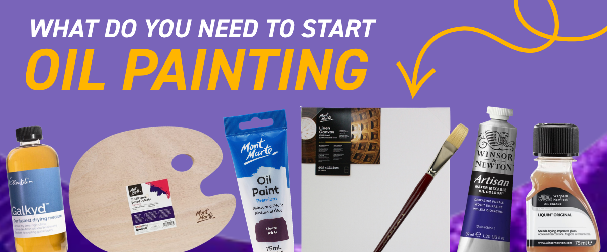 Essential oil painting supplies including brushes, oil paints, canvas, mediums and palette arranged for beginner artists