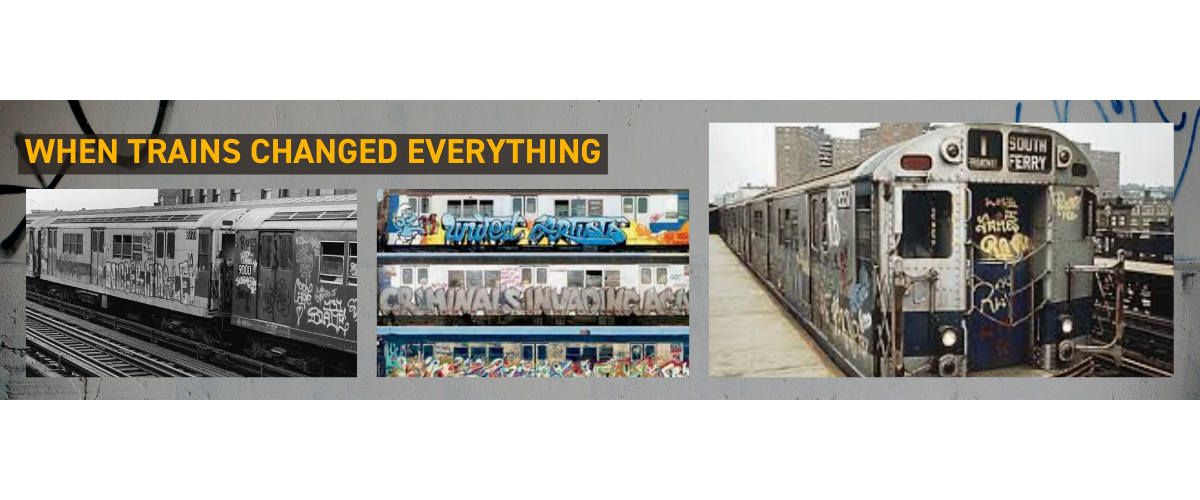 Vintage subway trains covered in colourful graffiti showcasing the rise of train art in the 1970s and 80s