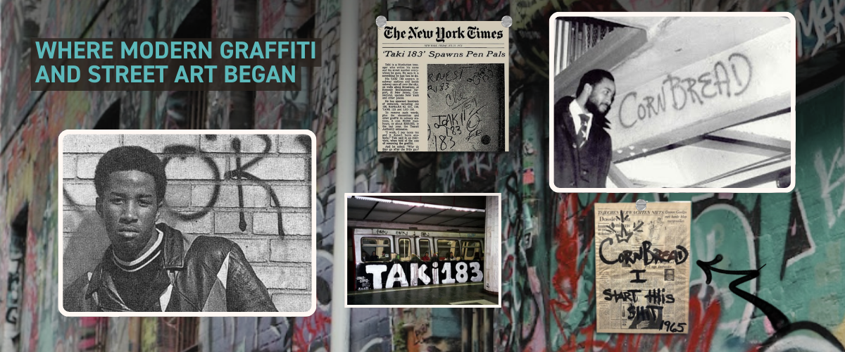  Early American graffiti pioneers Cornbread and TAKI 183 representing the roots of modern street art culture
