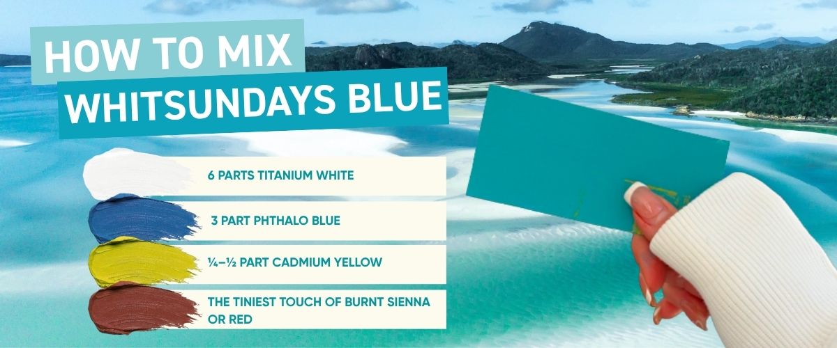 How to mix Whitsundays Blue turquoise paint swatch held against Whitehaven Beach aerial view