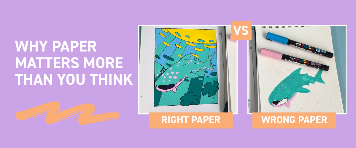 Paint pen results comparison on smooth Bristol paper vs textured paper showing colour vibrancy and surface difference
