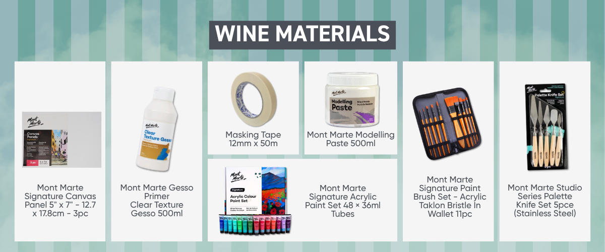 Painting supplies for textured wine artwork including modelling paste, palette knife, acrylic paint and canvas