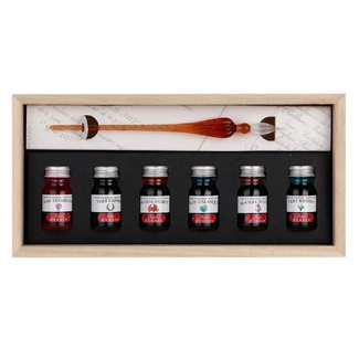 Herbin Glass Dip Pen & 6 Ink Set In Wooden Box