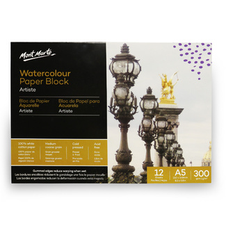 Mont Marte Artiste Watercolour Block 100% Cotton A5 300gsm 12 Sheet