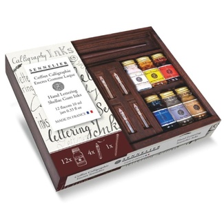 Sennelier Encre Ink Wooden Box Set - 12 x 10ml Bottles + Pen with Nibs