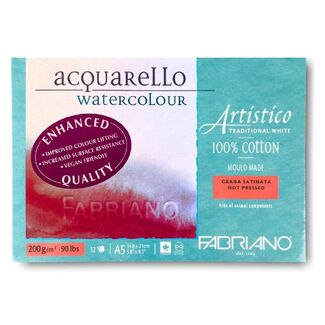 Fabriano Artistico 100% Cotton Watercolour Pad A5 200gsm 12 Sheet - Smooth (Hot Pressed)