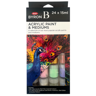 Byron Acrylic Paint & Mediums Pot Set 24pc - 20 x 15ml Paints + 4 Mediums