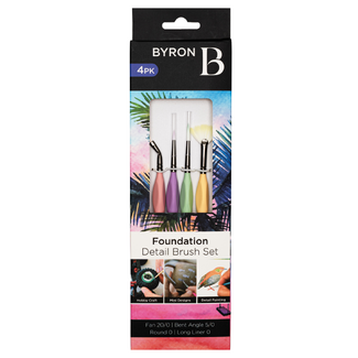 Byron Pastel Detail Brush Set 4pc - Foundation: Fan 20/0, Bent Angle 5/0, Round 0, Long Liner 0