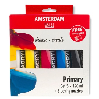Amsterdam Acrylic Paint Primary Set 5 x 120ml Plus 3 Dosing Nozzles