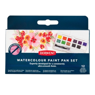 Derwent Watercolour Paint Pan Set 12 Colours + Water Brush