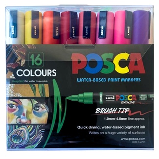 Posca Pen Brush Tip PC-5BR Paint Markers 16 Pack - Assorted Colours