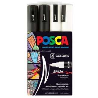 Posca Pen Brush Tip PC-5BR Paint Markers 4 Pack - Black & White