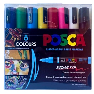 Posca Pen Brush Tip PC-5BR Paint Markers 8 Pack - Assorted Colours