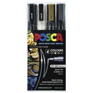 Uni Ball Posca Paint Pens 2.5mm PC5M 4 Pk - Black White Gold & Silver