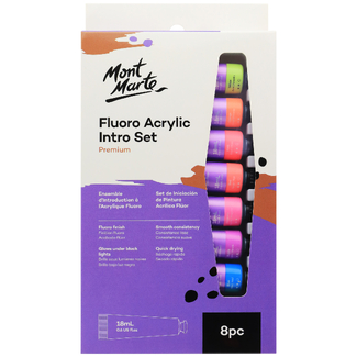 Mont Marte Intro Paint Set - Fluro Acrylic Paint 8pc x 18ml - Glows Under Black Light