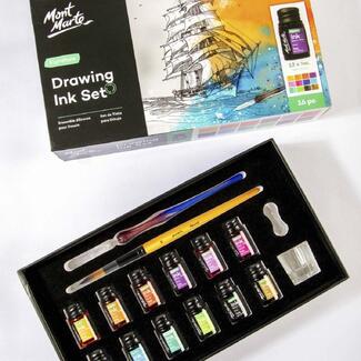 Mont Marte Signature Drawing Ink Set 16pc + Glass Pen