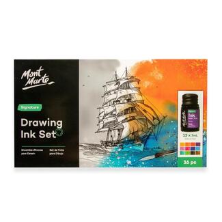 Mont Marte Signature Drawing Ink Set 16pc + Glass Pen