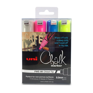 Uni Ball Chalk Marker Set 4pc - 8mm Chisel Tip (Asst Colours)